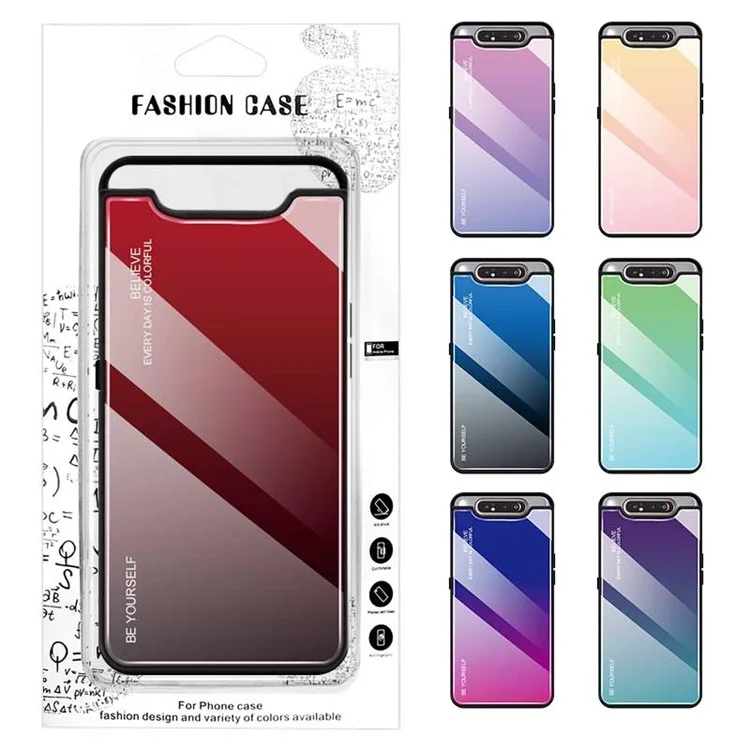 Gradiente de Vidrio Templado de Color + PC + TPU Hybrid Case Para Samsung Galaxy A80/A90 - Rojo