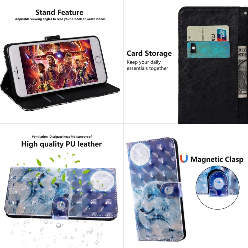 Printing Style Light Spot Decor Leather Wallet Phone Cover for Samsung Galaxy Note 10 Plus/Note 10 Plus 5G - Moon and Wolf