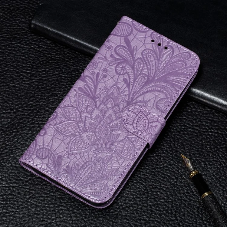 Imprint Lace Flower Leather Wallet Casing for Samsung Galaxy A20e - Purple