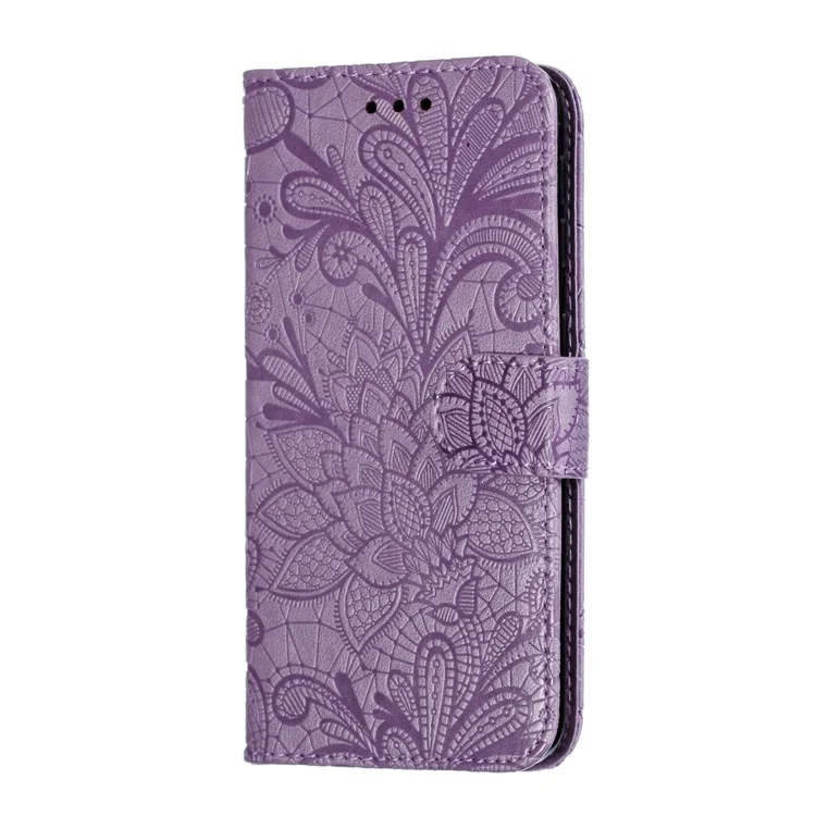 Imprint Lace Flower Leather Wallet Casing for Samsung Galaxy A20e - Purple