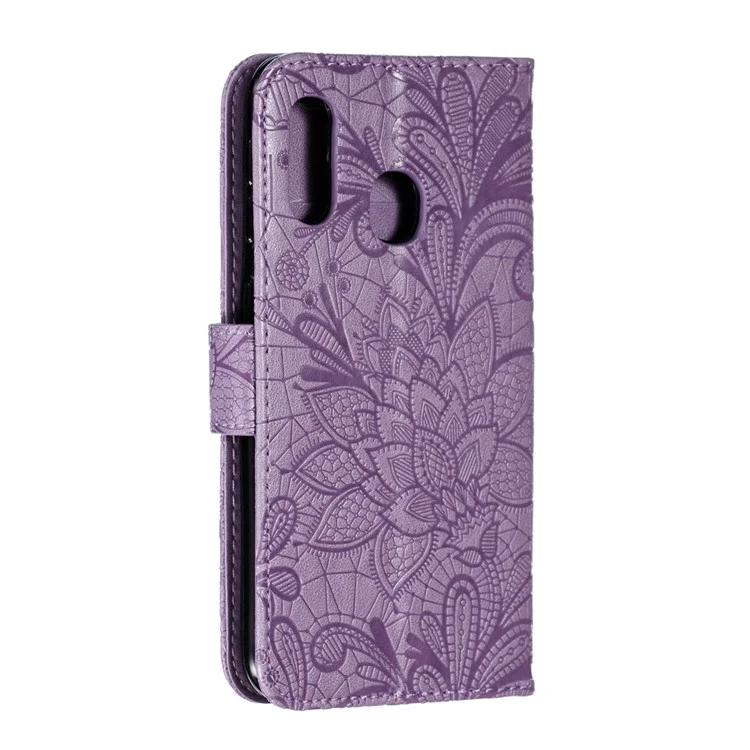 Imprint Lace Flower Leather Wallet Casing for Samsung Galaxy A20e - Purple