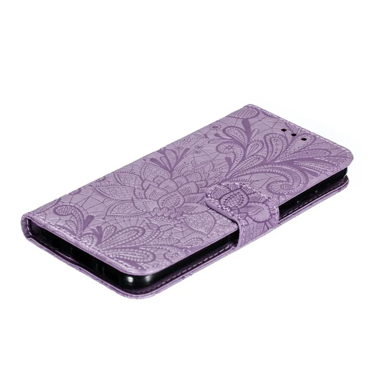 Imprint Lace Flower Leather Wallet Casing for Samsung Galaxy A20e - Purple