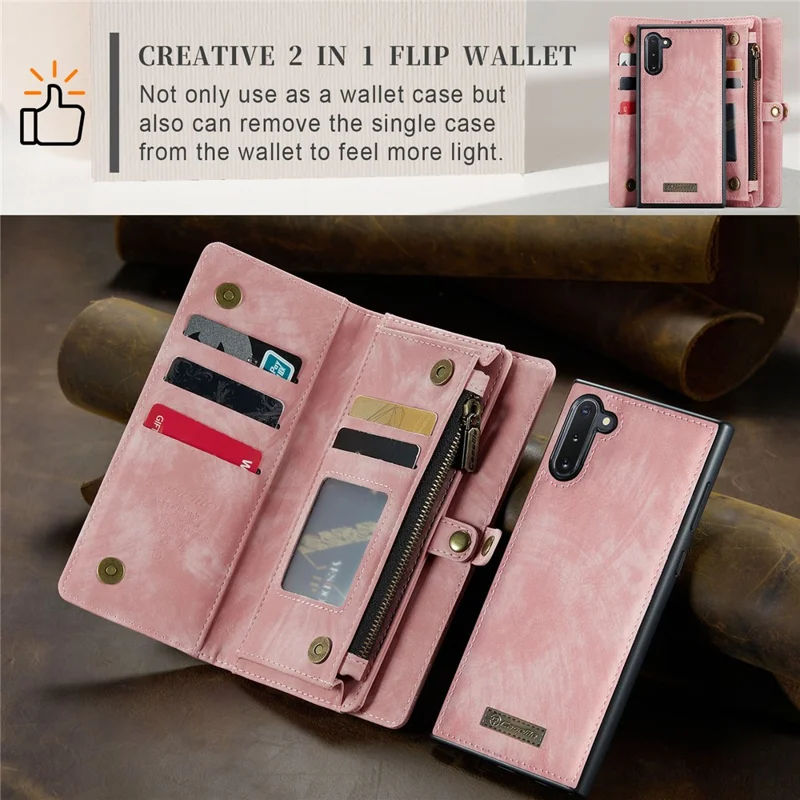 CASEME 008 Series for Samsung Galaxy Note 10 / Note 10 5G PU Leather Wallet Case Multi-function Magnetic Detachable Stand Phone Cover - Pink