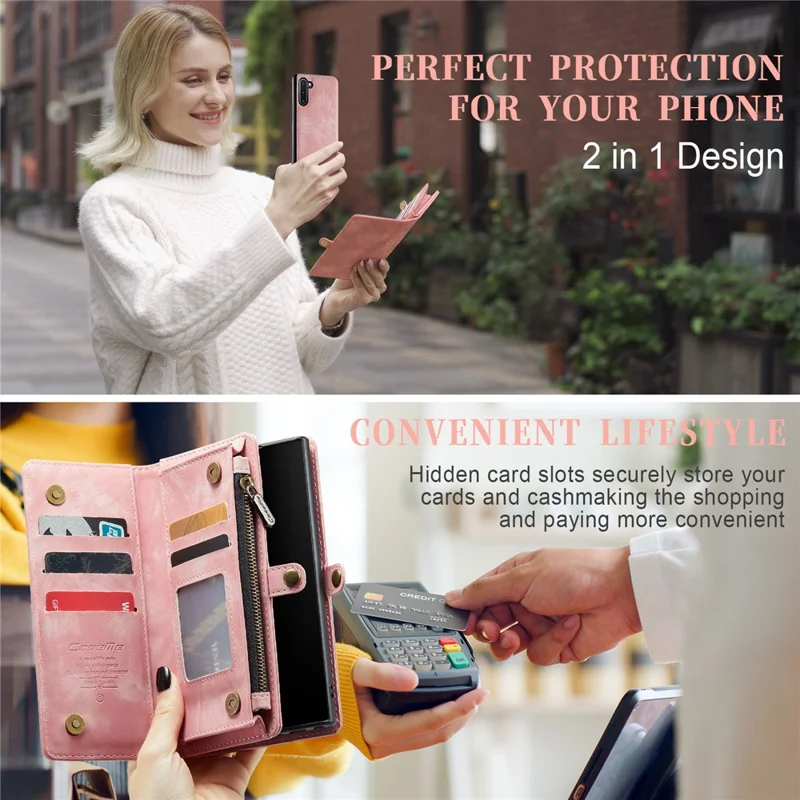 CASEME 008 Series for Samsung Galaxy Note 10 / Note 10 5G PU Leather Wallet Case Multi-function Magnetic Detachable Stand Phone Cover - Pink