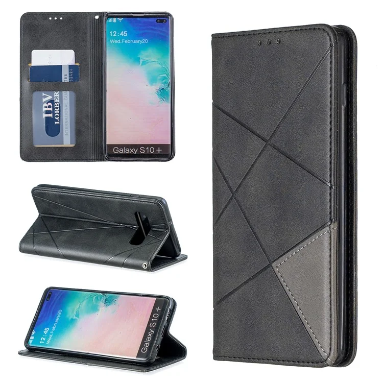 Estuche de Teléfono de Cuero de Patrón Geométrico Con Ranuras Para Tarjetas Para Samsung Galaxy S10 Plus - Negro