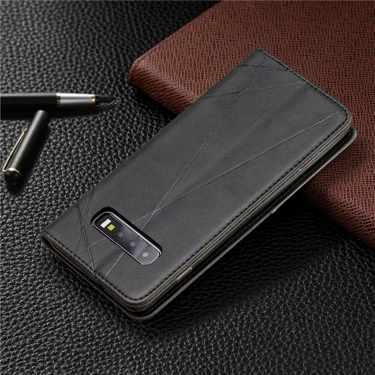 Estuche de Teléfono de Cuero de Patrón Geométrico Con Ranuras Para Tarjetas Para Samsung Galaxy S10 Plus - Negro