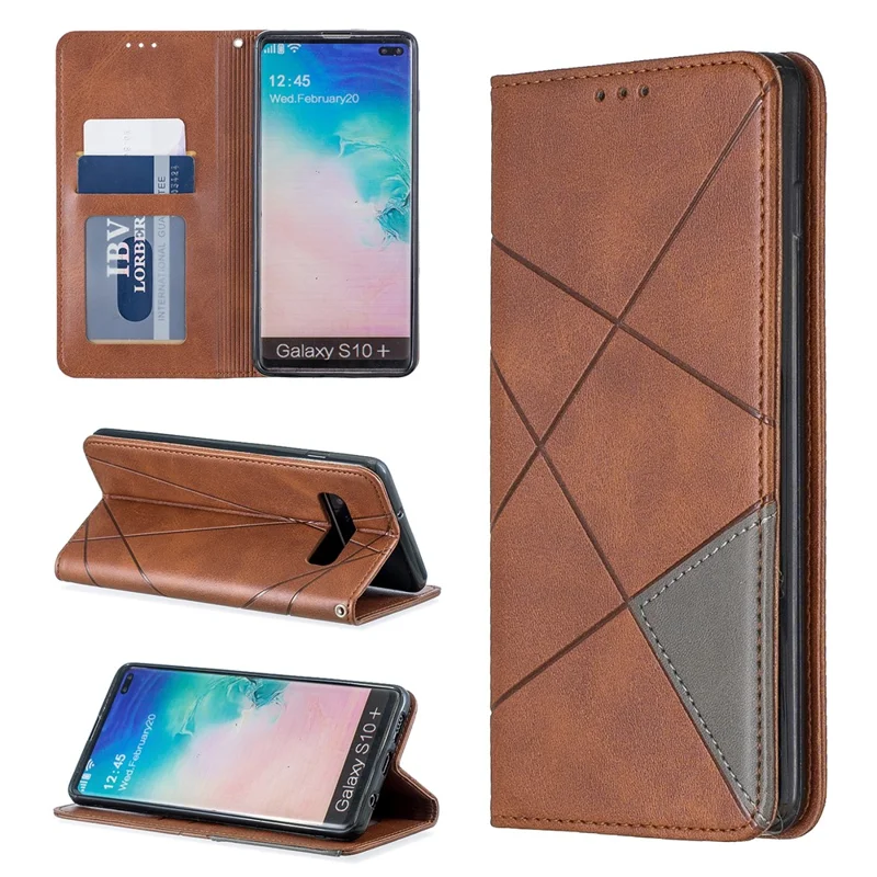 Geometric Pattern Leather Stand Phone Case with Card Slots for Samsung Galaxy S10 Plus - Brown