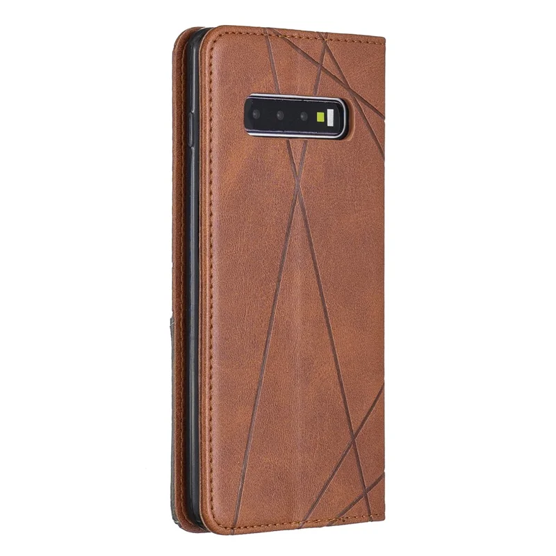 Geometric Pattern Leather Stand Phone Case with Card Slots for Samsung Galaxy S10 Plus - Brown