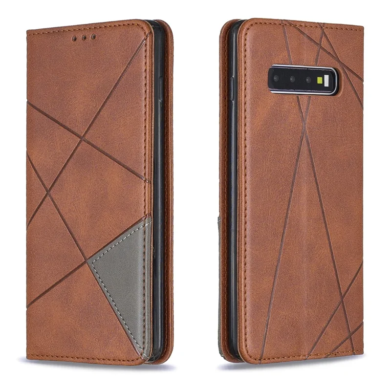 Geometric Pattern Leather Stand Phone Case with Card Slots for Samsung Galaxy S10 Plus - Brown