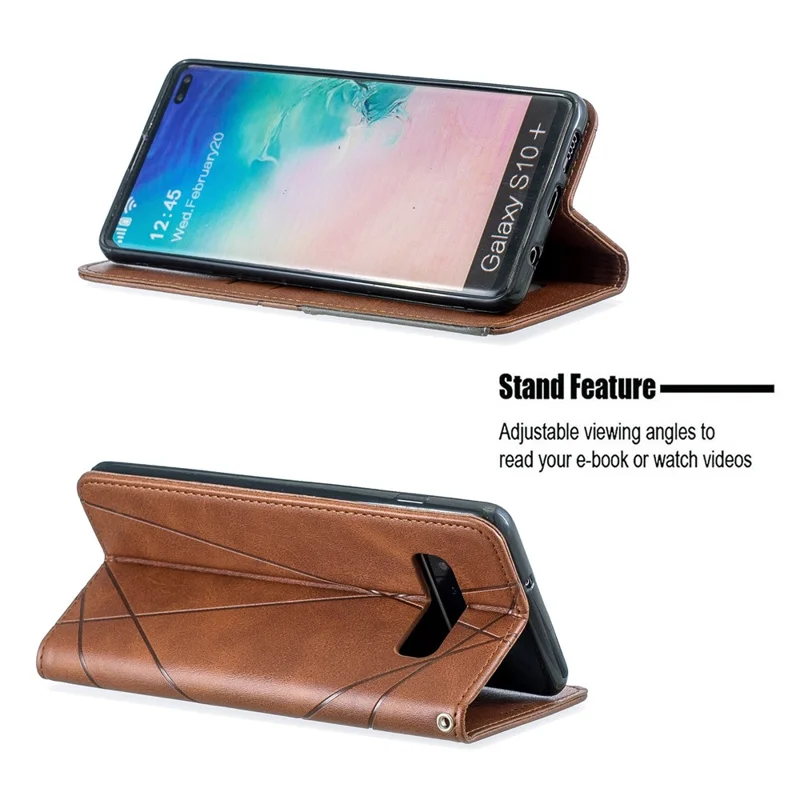 Geometric Pattern Leather Stand Phone Case with Card Slots for Samsung Galaxy S10 Plus - Brown