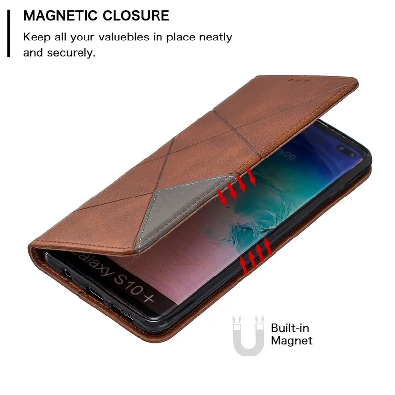 Geometric Pattern Leather Stand Phone Case with Card Slots for Samsung Galaxy S10 Plus - Brown