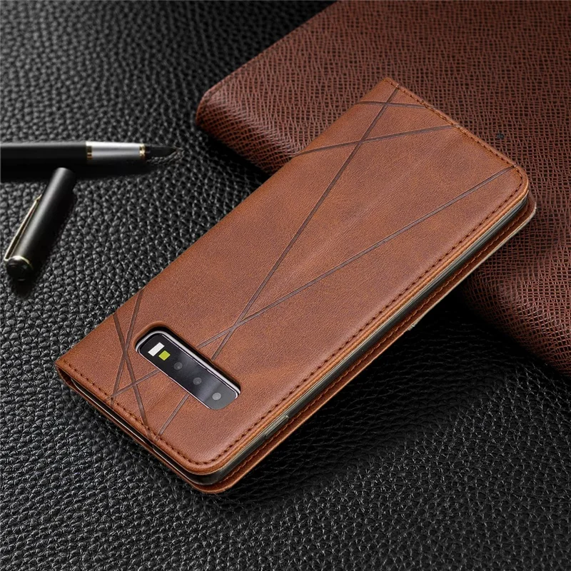 Geometric Pattern Leather Stand Phone Case with Card Slots for Samsung Galaxy S10 Plus - Brown