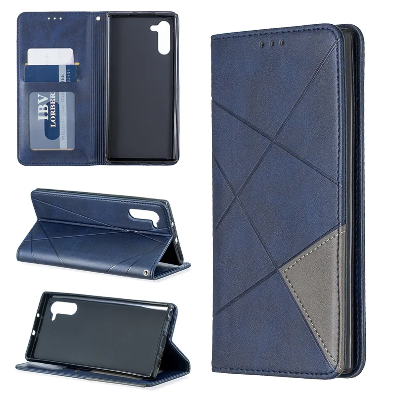 غطاء جلد هاتفي بتصميم هندسي مع حامل لهاتف سامسونج جالاكسي نوت 10 / نوت 10 5G - أزرق