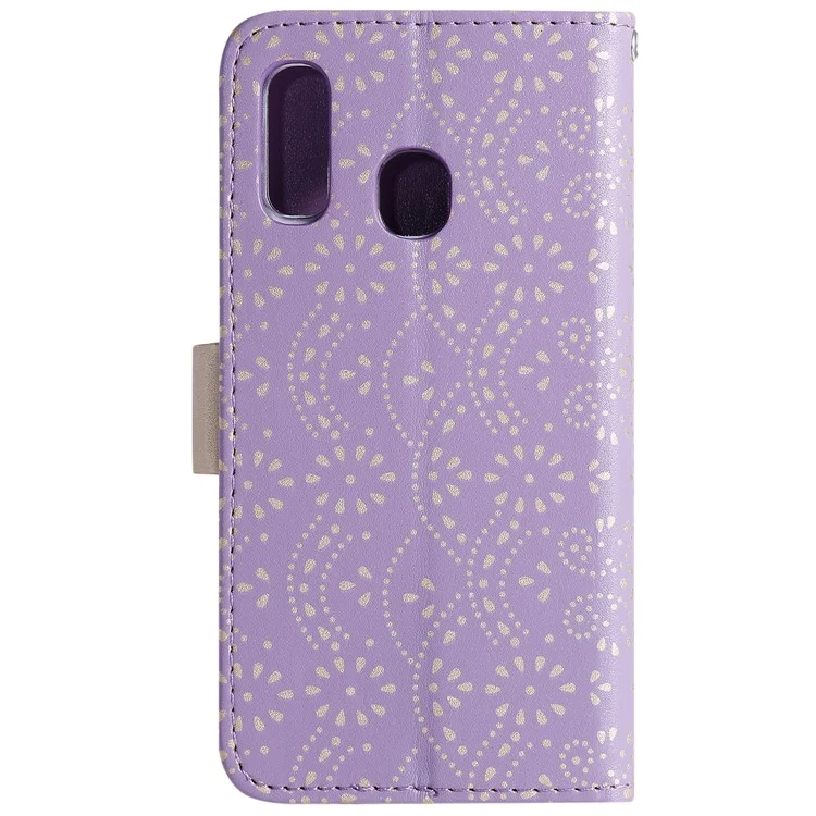 Motif de Fleurs en Dentelle Pocket de Poche de Poche Portefeuille en Cuir de Téléphone Avec Lanière de Nœud Pour Samsung Galaxy A40 - Violet