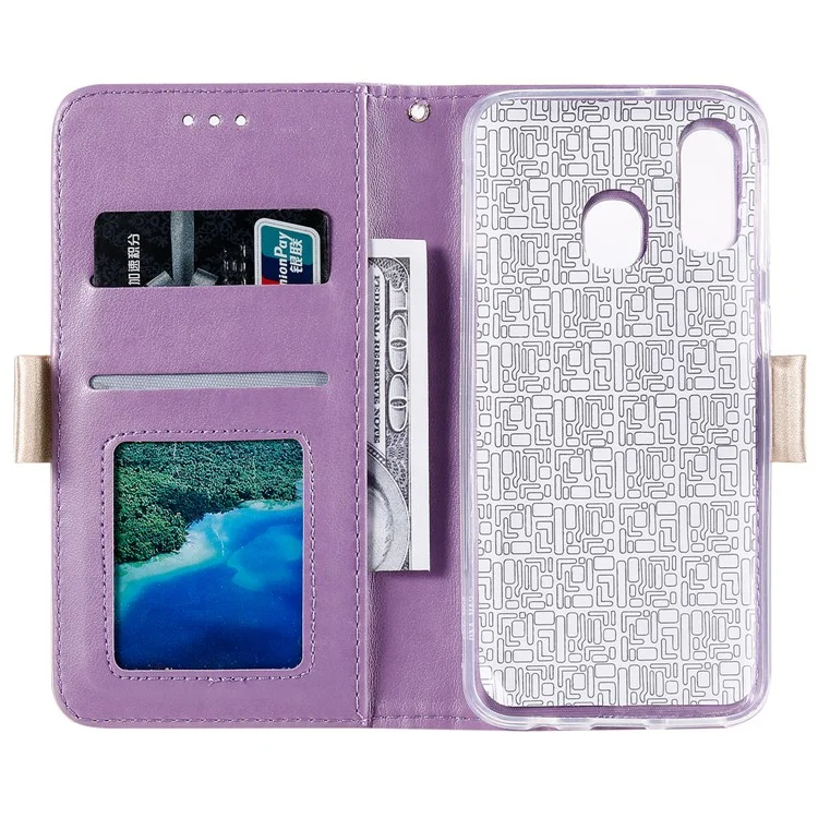 Motif de Fleurs en Dentelle Pocket de Poche de Poche Portefeuille en Cuir de Téléphone Avec Lanière de Nœud Pour Samsung Galaxy A40 - Violet