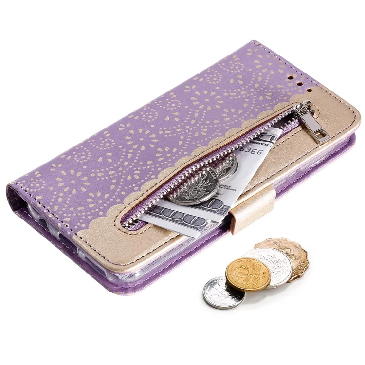 Motif de Fleurs en Dentelle Pocket de Poche de Poche Portefeuille en Cuir de Téléphone Avec Lanière de Nœud Pour Samsung Galaxy A40 - Violet