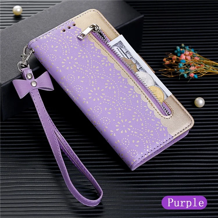 Motif de Fleurs en Dentelle Pocket de Poche de Poche Portefeuille en Cuir de Téléphone Avec Lanière de Nœud Pour Samsung Galaxy A40 - Violet