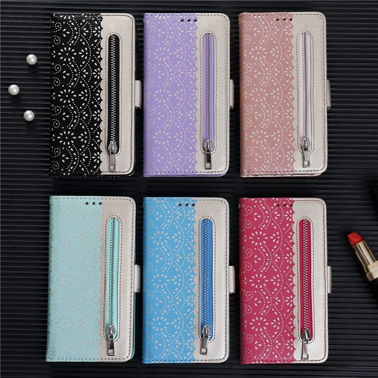 Custodia Portafoglio in Pelle con Zip e Motivo a Fiori di Pizzo per Samsung Galaxy Note 10 Plus / Note 10 Plus 5G - Nero