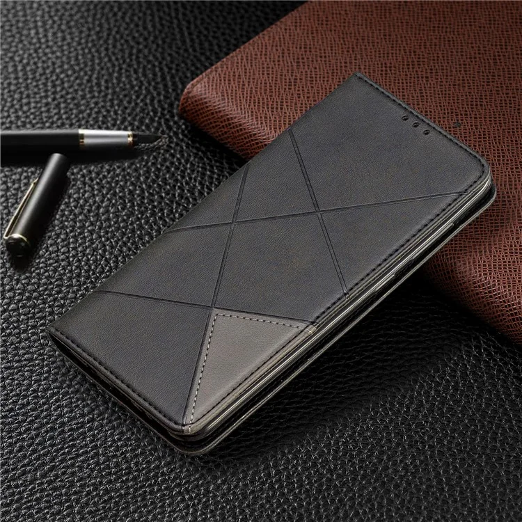 Portata Del Supporto Per Carta in Pelle Geometrica Per Samsung Galaxy A70 - Nero