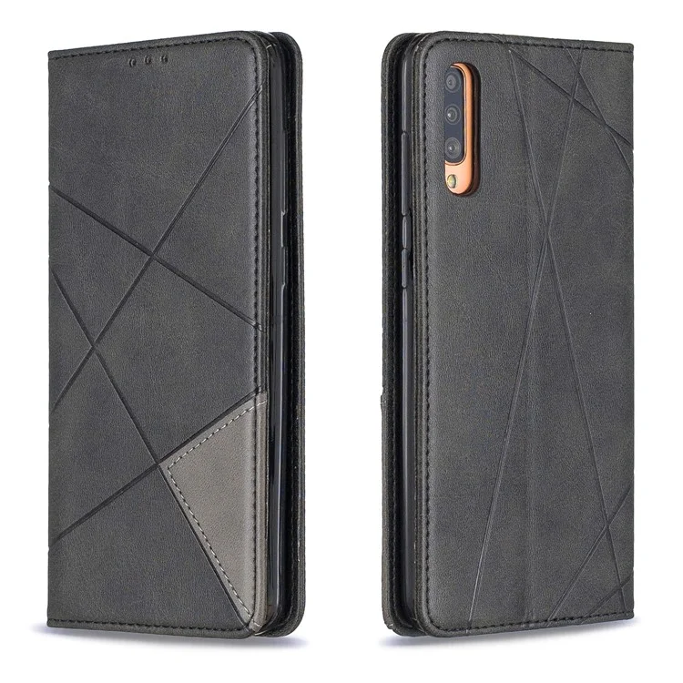 Portata Del Supporto Per Carta in Pelle Geometrica Per Samsung Galaxy A70 - Nero