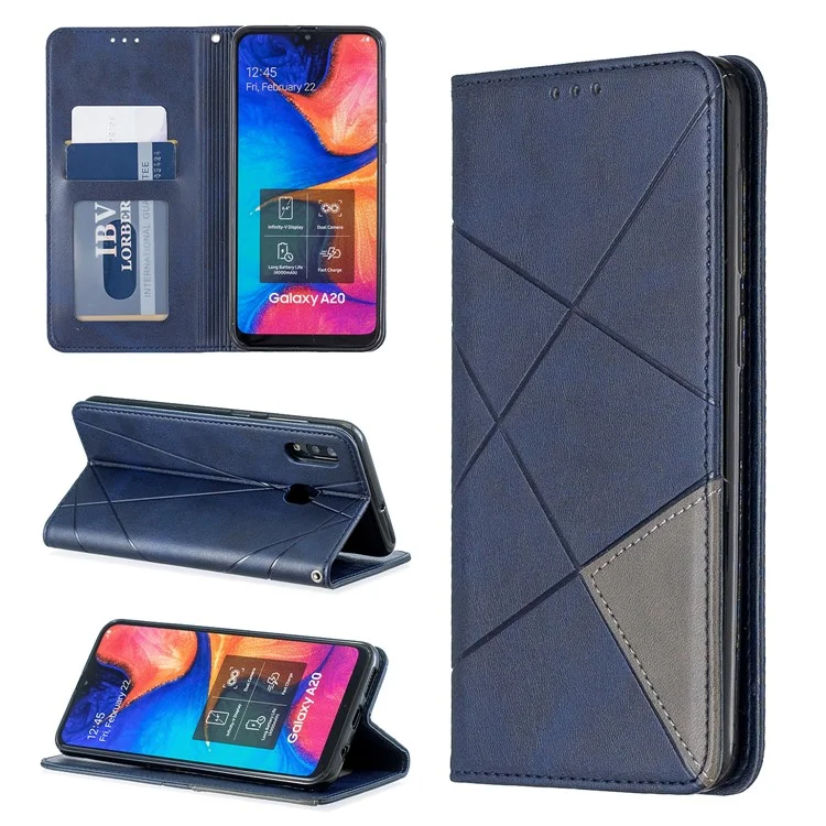 Geometric Pattern Leather Stand Case with Card Slots for Samsung Galaxy A20/A30 - Blue