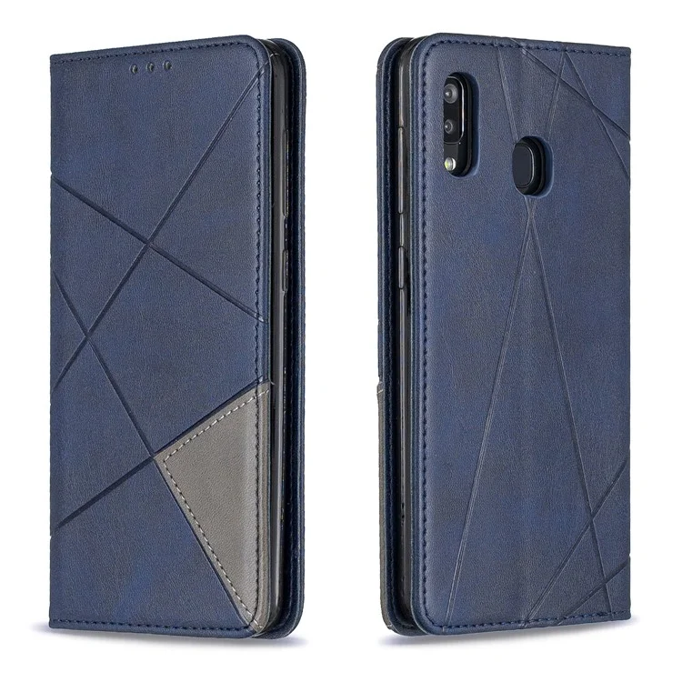 Estuche de Cuero de Patrón Geométrico Con Ranuras Para Tarjetas Para Samsung Galaxy A20/A30 - Azul