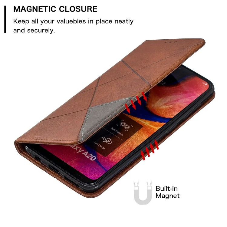 Geometric Pattern Leather Stand Case with Card Slots for Samsung Galaxy A20 / A30 - Brown