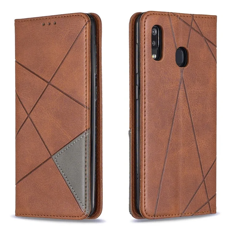 Geometric Pattern Leather Stand Case with Card Slots for Samsung Galaxy A20 / A30 - Brown