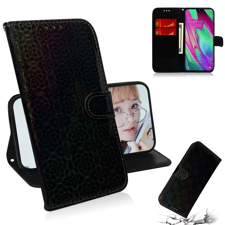 Blumenmuster Leder Brieftaschenstand Hülle Für Samsung Galaxy A40 - Schwarz