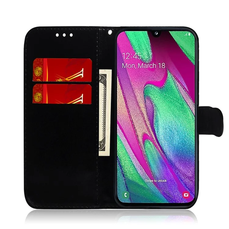 Blumenmuster Leder Brieftaschenstand Hülle Für Samsung Galaxy A40 - Schwarz