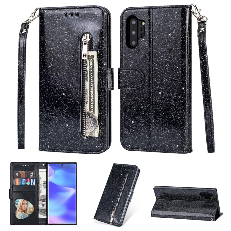 Flash Powder Zippered Stand Leather Wallet Case with Stra[Fingerprint Unlock] for Samsung Galaxy Note 10 Plus/10 Plus 5G - Black