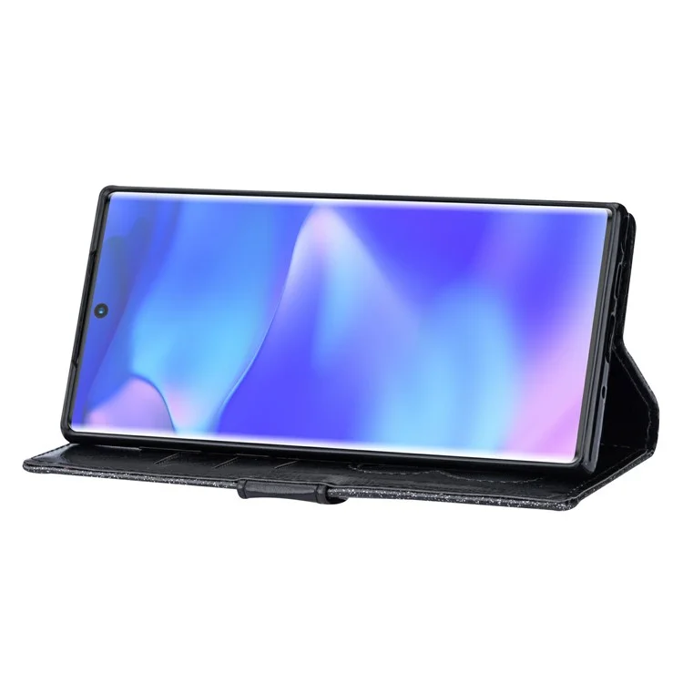 Flash Powder Zippered Stand Leather Wallet Case with Stra[Fingerprint Unlock] for Samsung Galaxy Note 10 Plus/10 Plus 5G - Black