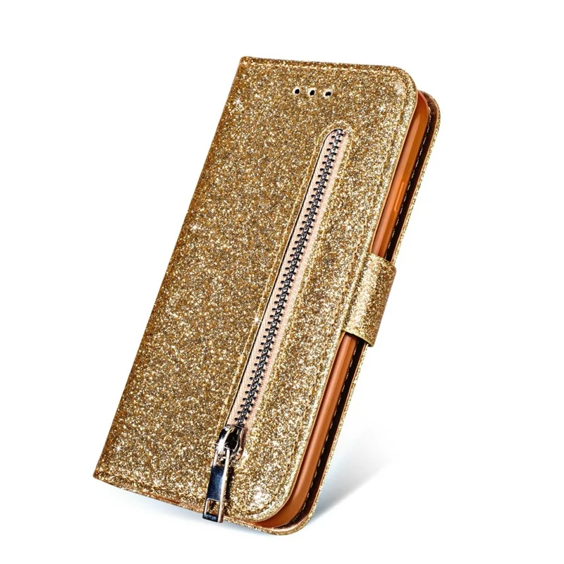 Flash Powder Zippered Stand Leather Wallet Case with Stra[Fingerprint Unlock] for Samsung Galaxy Note 10 Plus/10 Plus 5G - Gold