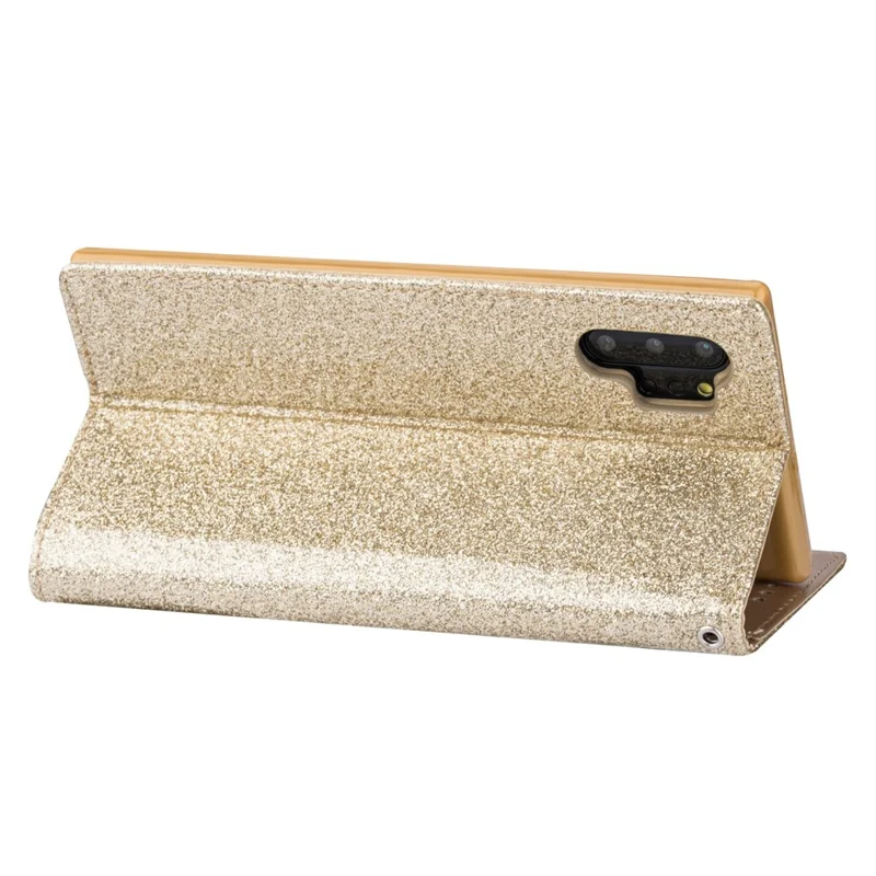 Flash Powder Zippered Stand Leather Wallet Case with Stra[Fingerprint Unlock] for Samsung Galaxy Note 10 Plus/10 Plus 5G - Gold