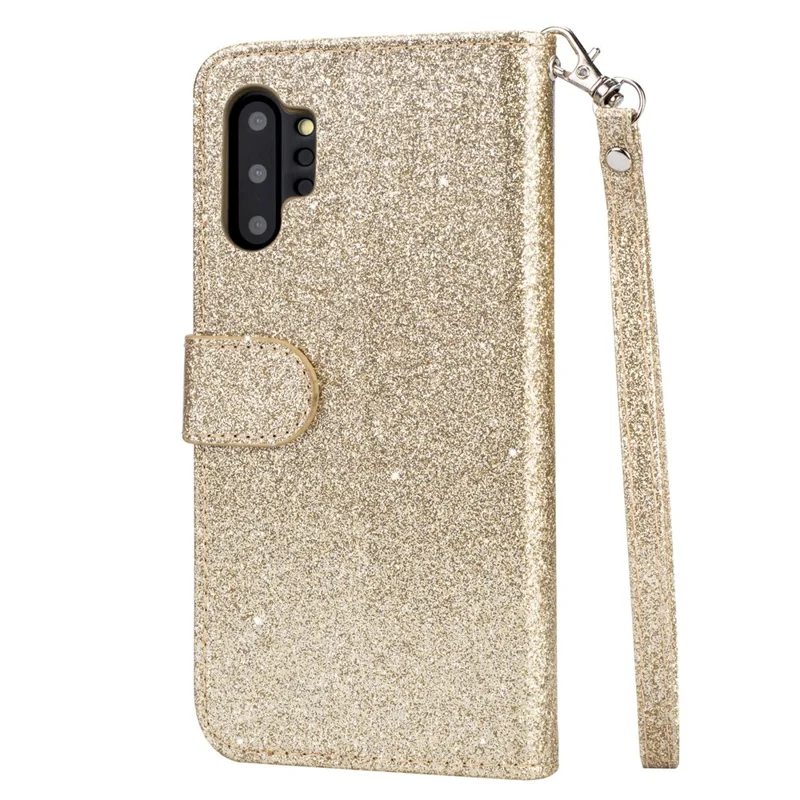 Flash Powder Zippered Stand Leather Wallet Case with Stra[Fingerprint Unlock] for Samsung Galaxy Note 10 Plus/10 Plus 5G - Gold