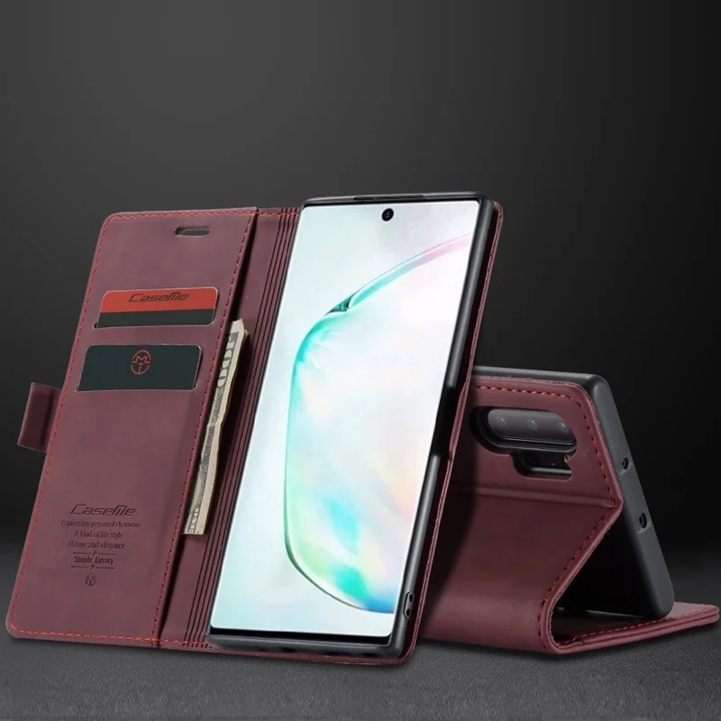 CASEME 013 Series Auto-absorbed Flip Leather Wallet Shell for Samsung Galaxy Note 10 Plus/10 Plus 5G - Red