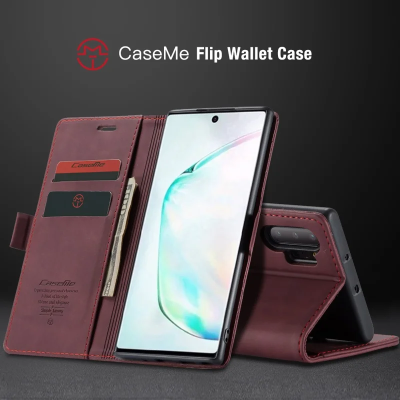CASEME 013 Series Auto-absorbed Flip Leather Wallet Shell for Samsung Galaxy Note 10 Plus/10 Plus 5G - Red