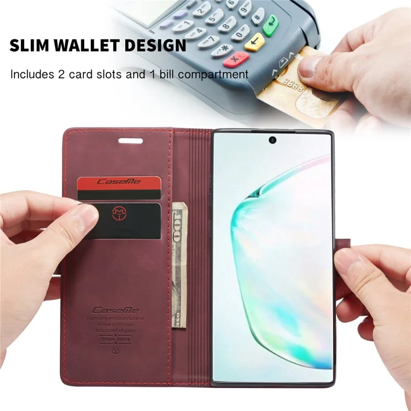 CASEME 013 Series Auto-absorbed Flip Leather Wallet Shell for Samsung Galaxy Note 10 Plus/10 Plus 5G - Red