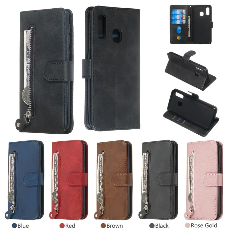 Zipper Pocket Wallet Stand Flip Leather Phone Shell for Samsung Galaxy A20e - Black