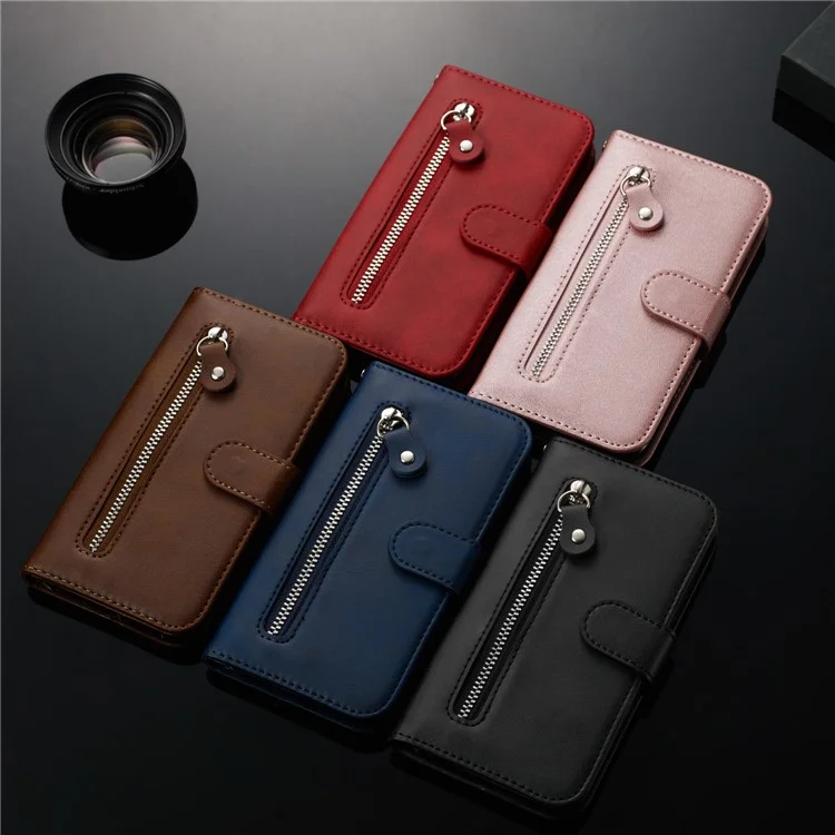 Zipper Pocket Wallet Stand Flip Leather Phone Shell for Samsung Galaxy A20e - Black