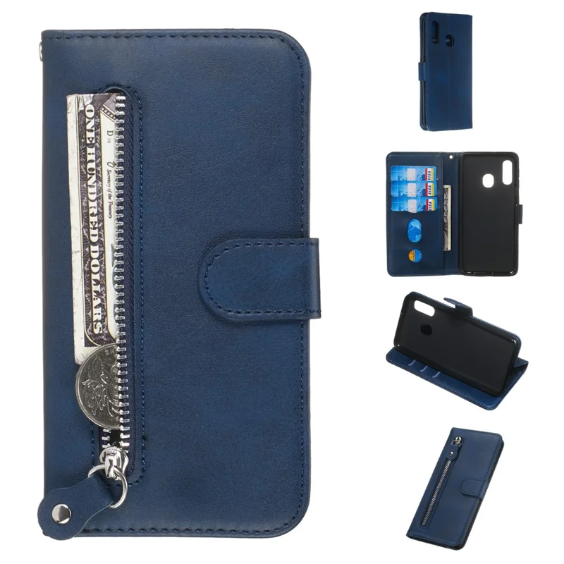 Zipper Pocket Wallet Stand Flip Leather Phone Shell for Samsung Galaxy A20e - Blue