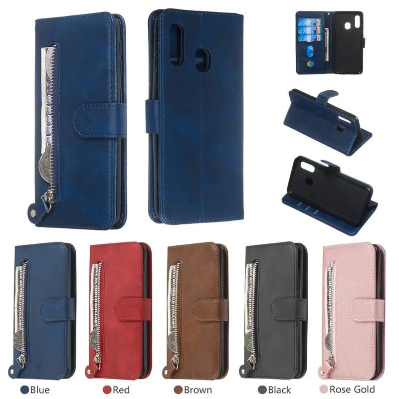 Zipper Pocket Wallet Stand Flip Leather Phone Shell for Samsung Galaxy A20e - Blue