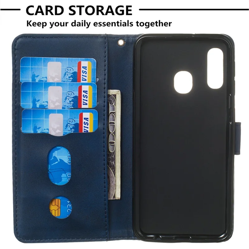 Zipper Pocket Wallet Stand Flip Leather Phone Shell for Samsung Galaxy A20e - Blue