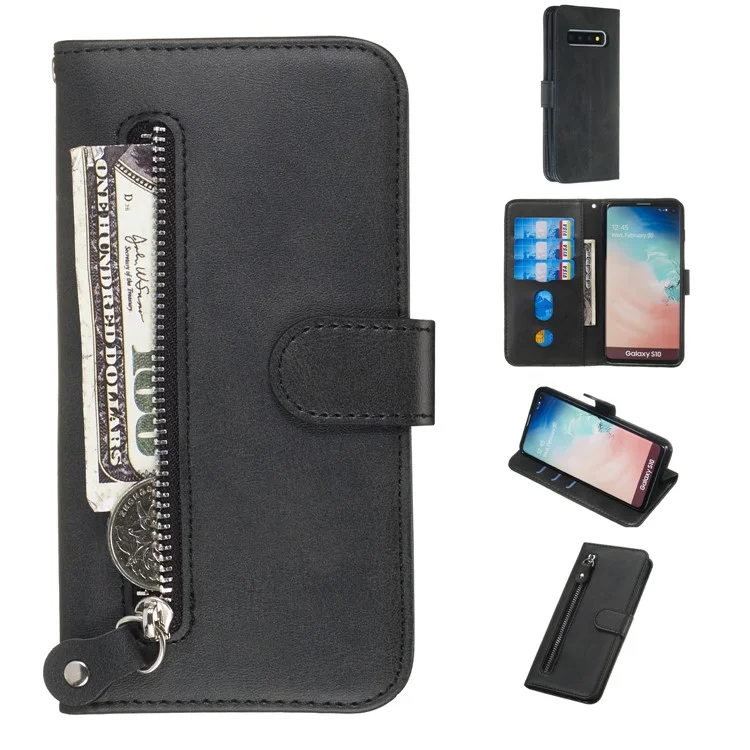 Zipper Pocket Magnetic Leather Stand Case for Samsung Galaxy S10 - Black