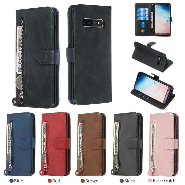 Portafoglio con cerniera in pelle con supporto e protezione per Samsung Galaxy S10 Plus - Nero