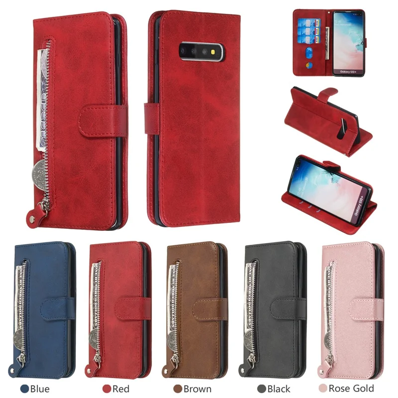 Zipper Wallet Leather Stand Protective Phone Casing with Stand for Samsung Galaxy S10 Plus - Red
