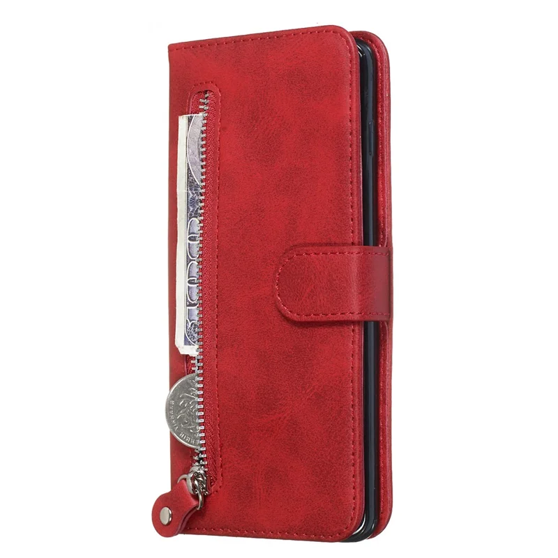 Zipper Wallet Leather Stand Protective Phone Casing with Stand for Samsung Galaxy S10 Plus - Red