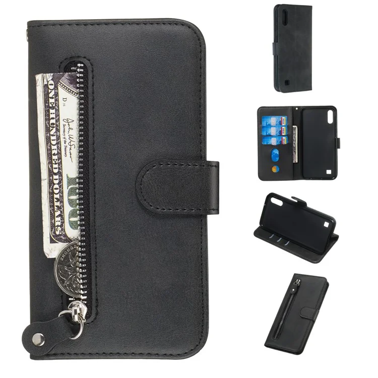 Funda de Teléfono de Cuero Flip de Billetera de Bolsillo Con Cremallera Para Samsung Galaxy A10/Galaxy M10 - Negro