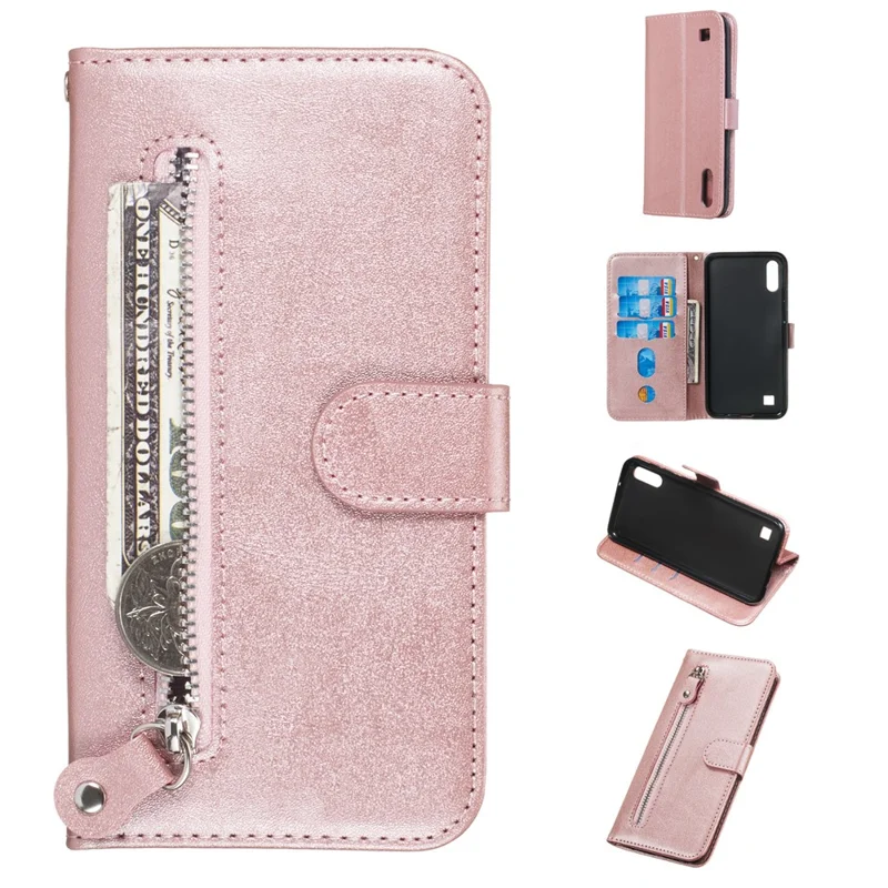 Zipper Pocket Wallet Stand Flip Leather Phone Case for Samsung Galaxy A10/Galaxy M10 - Rose Gold