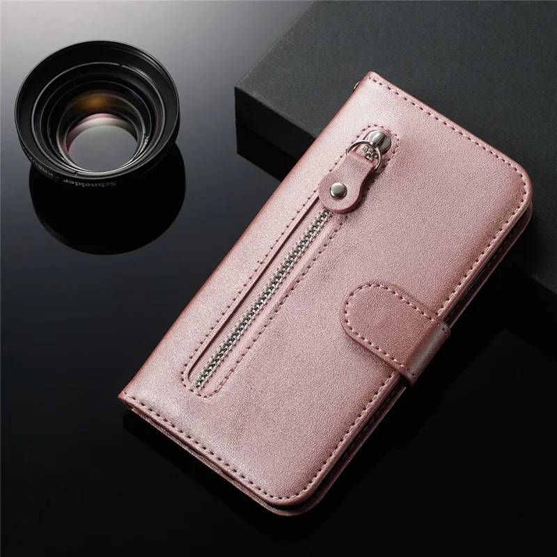 Zipper Pocket Wallet Stand Flip Leather Phone Case for Samsung Galaxy A10/Galaxy M10 - Rose Gold